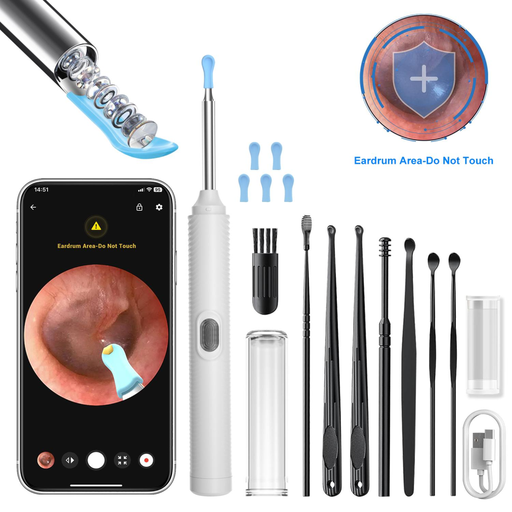 Complete Ear Cleaning Kit: 1080P Camera with 6 LEDs & 8 Ear Picks, Wireless Ear Wax Remover for iPhone/iPad/Android, Safe for Home Use (Black)