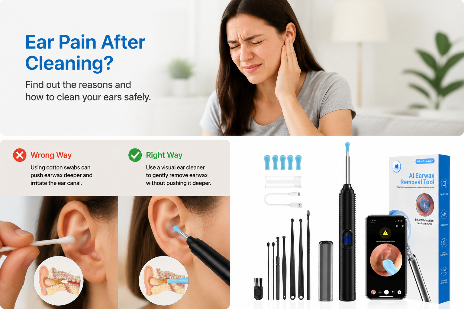 Ear pain after cleaning and cotton swab versus visual ear cleaner comparison