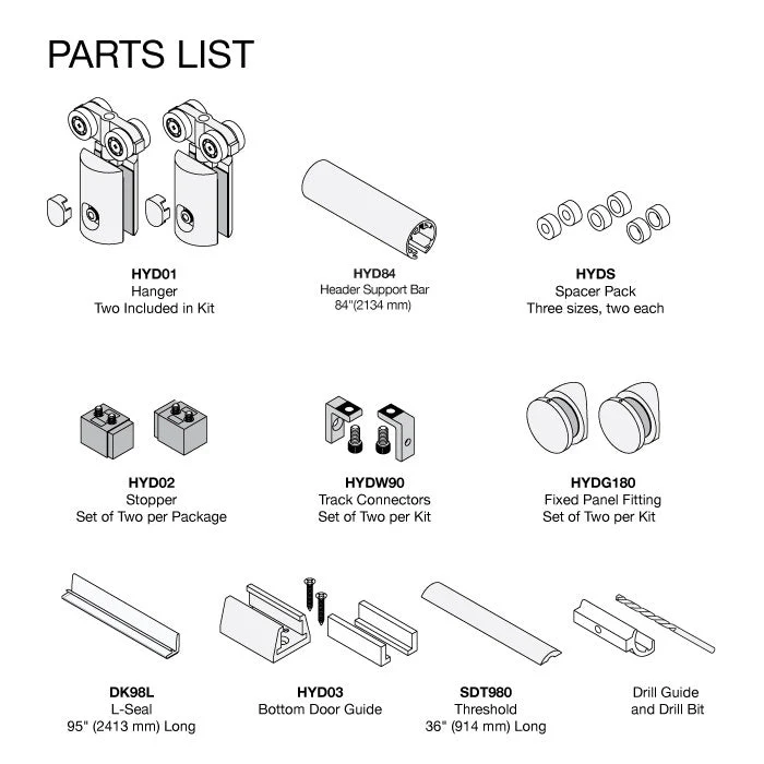 84" Hydroslide 180 Degree Sliding Shower Door Kit