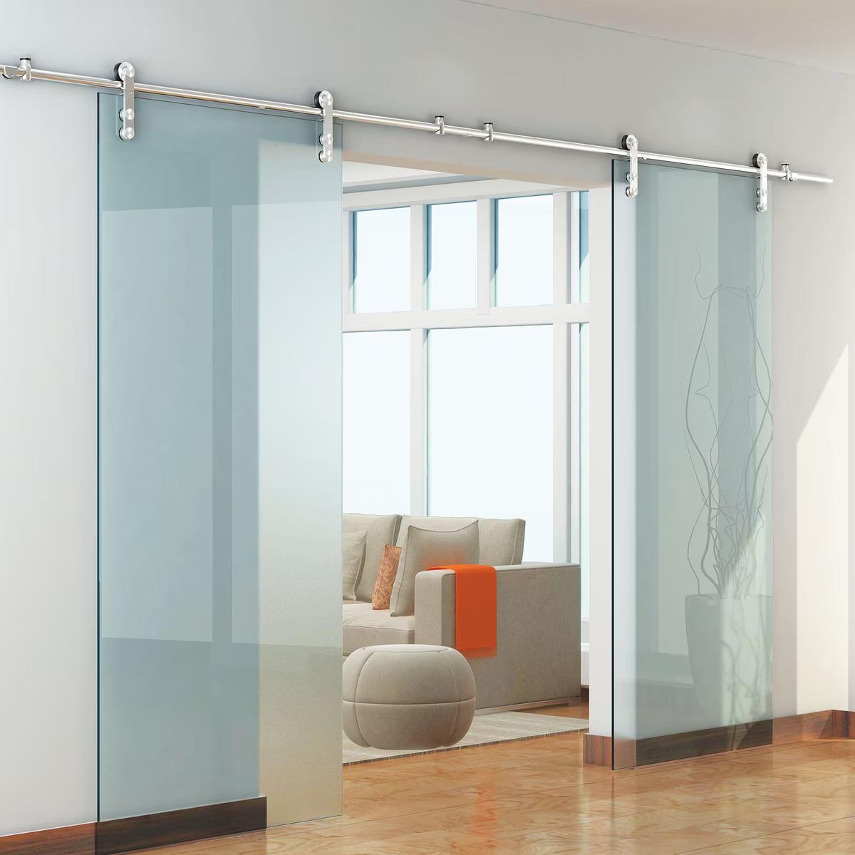 Stainless Steel Sliding Barn Door Hardware Kit for 2 Glass Doors