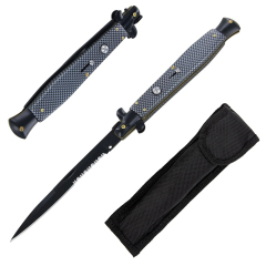 12.5 Inch Italian Automatic Stiletto Knife With Spear Point, Combination Edge And Carbon Fiber Handle For Outdoor, Hunting, And Tactical Use
