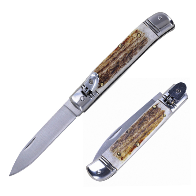 7.82 Inch Lever Lock Automatic Switchblade Knife - Real Antler Handle With Oem Support