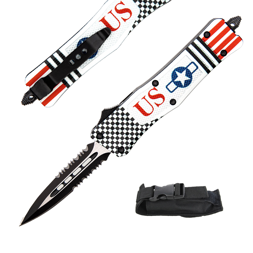 7-Inch Small OTF Knife with Combination Edge and 3D-Printed“P51 MUSTANG” Zinc Alloy Handle - Multiple Blade Options Available