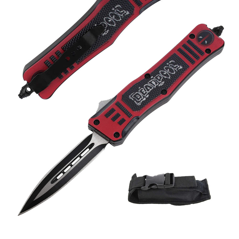 7-Inch Small OTF Knife with Double-Edged Blade and 3D-Printed "Deadpool" Zinc Alloy Handle - Multiple Blade Options Available