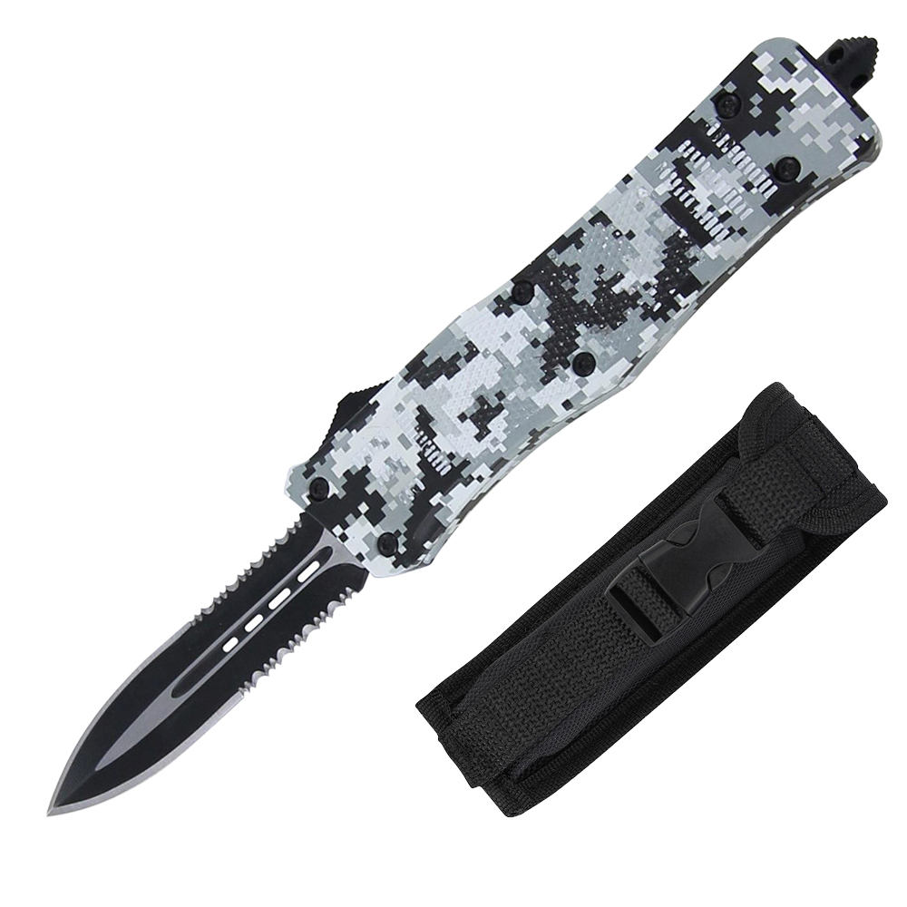9.5-Inch Heavy-Duty OTF Knife with Double-Edged & Combination Edge Blade and Blue Camouflage Zinc Alloy Handle