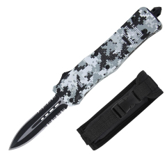 9.5-Inch Heavy-Duty OTF Knife with Double-Edged & Combination Edge Blade and Blue Camouflage Zinc Alloy Handle