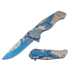 4.6" Spring Assisted Pocket Knife - Stainless Steel Etched "Silver/Blue Eagle"Handle