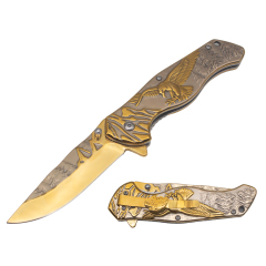 4.6" Spring Assisted Pocket Knife - Stainless Steel Etched "Gold Eagle"Handle - Gold Eagle