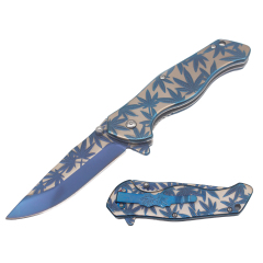 4.6" Spring Assisted Pocket Knife - Stainless Steel Etched "Blue Marijuana"Handle - Blue Marijuana Design