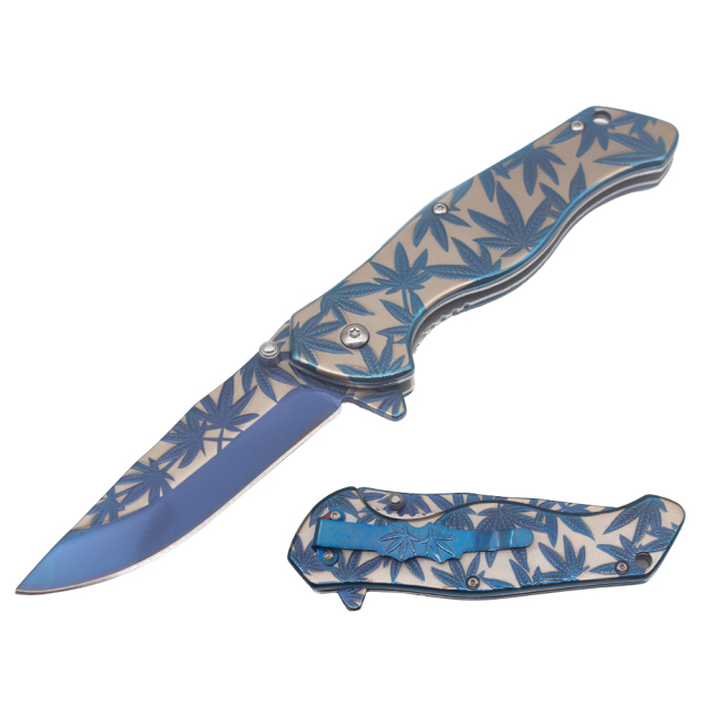 4.6" Spring Assisted Pocket Knife - Stainless Steel Etched "Blue Marijuana"Handle - Blue Marijuana Design