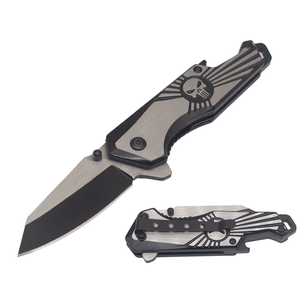 3.9" Black and Silver Punisher Skull Spring Assisted EDC Pocket Knife with Bottle Opener - Black