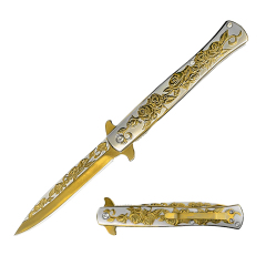 5" Spring Assisted Pocket Knife - Stainless Steel Etched "Gold Rose"Handle - Gold Titanium Plating