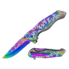 4.6" Spring Assisted Pocket Knife - Stainless Steel Etched "Color titanium plating Marijuana"Handle - Marijuana Design