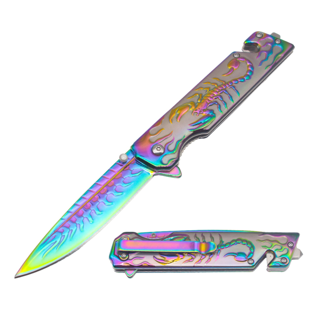 5.3" Spring Assisted Pocket Knife - Stainless Steel Etched "Fantasy Colorful Scorpion Pattern"Handle - Rainbow Color Titanium