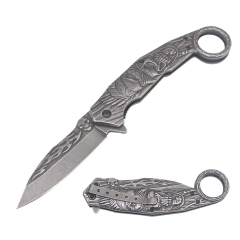 5.3" Spring Assisted Pocket Knife - Stainless Steel Etched "Hawk & Bone"Handle - 3D Relief Design