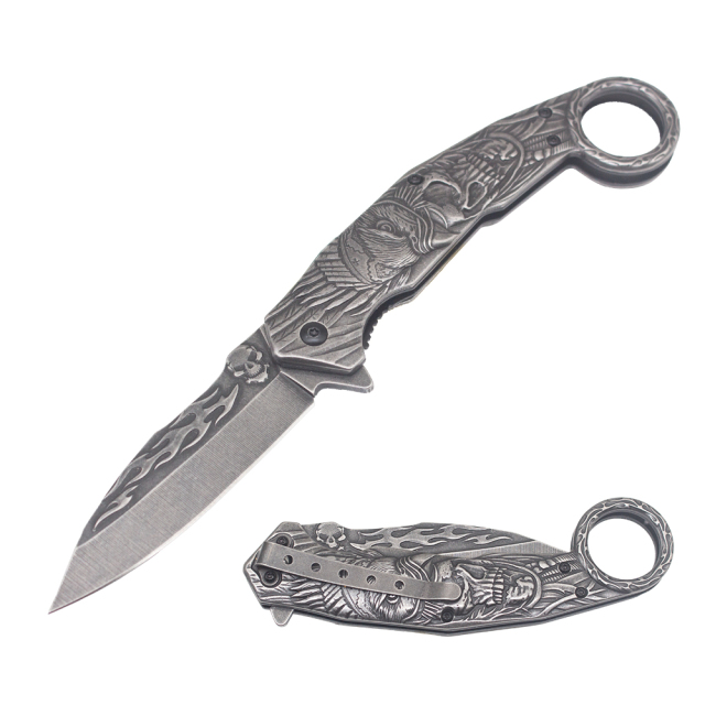 5.3" Spring Assisted Pocket Knife - Stainless Steel Etched "Hawk & Bone"Handle - 3D Relief Design