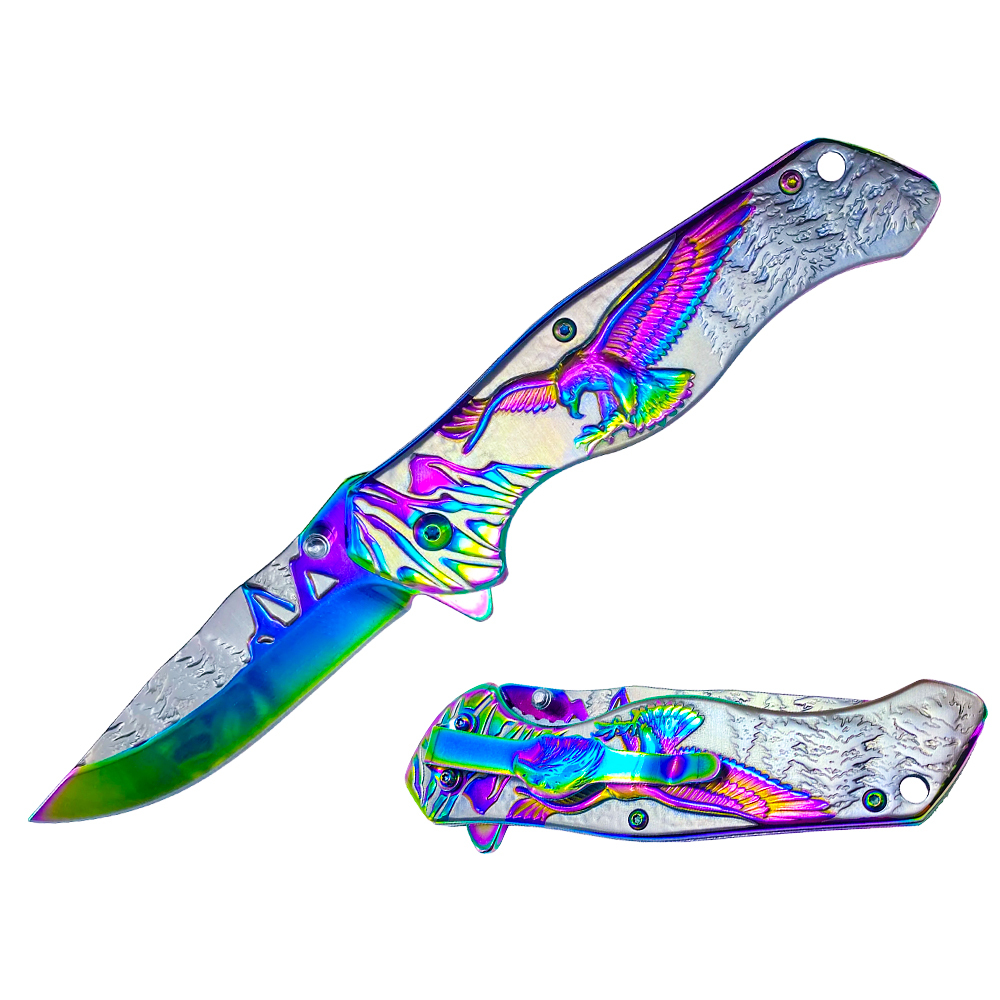 4.6" Spring Assisted Pocket Knife - Stainless Steel Etched "3D Relief Color Bald Eagle"Handle - Color Titanium Plating