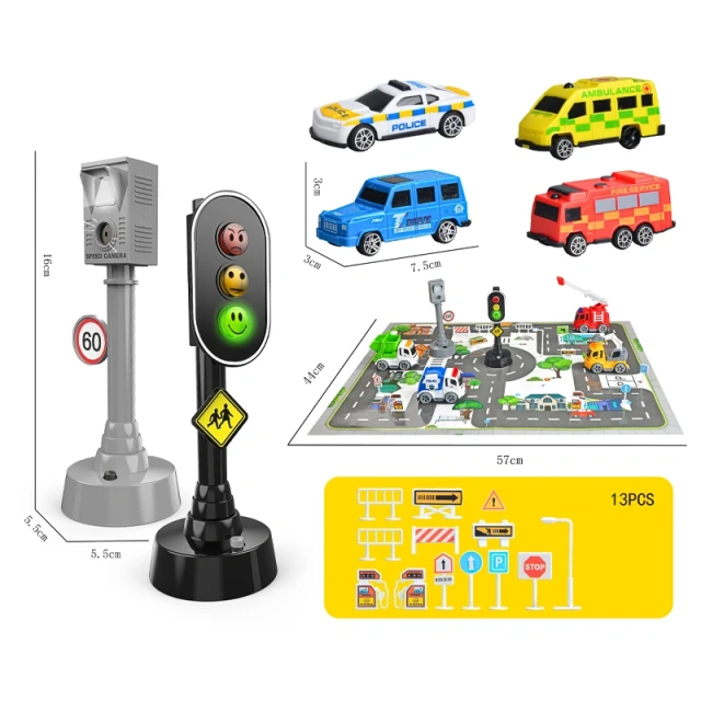 DIY traffic light toy set with mini city cars educational role play road scene toy with road play mat electric traffic light