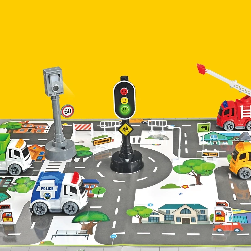 DIY traffic light toy set with mini city cars educational role play road scene toy with road play mat electric traffic light