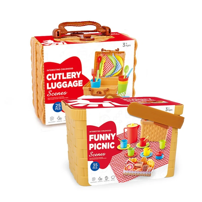 New Style Pretend Role Play Picnic Handbag Basket With Cutlery And Cup Kitchen Toy Set For Kids