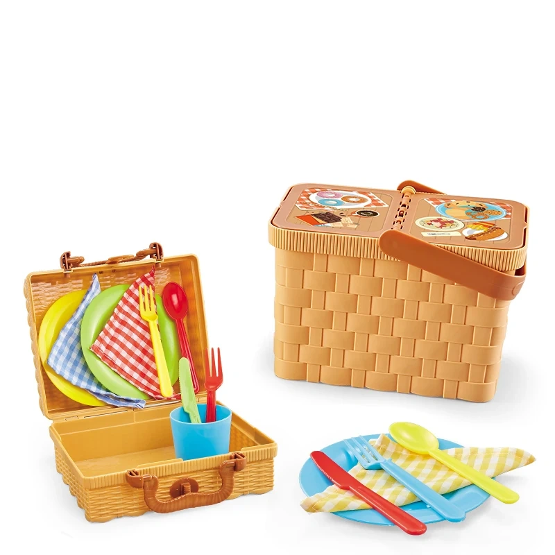 New Style Pretend Role Play Picnic Handbag Basket With Cutlery And Cup Kitchen Toy Set For Kids