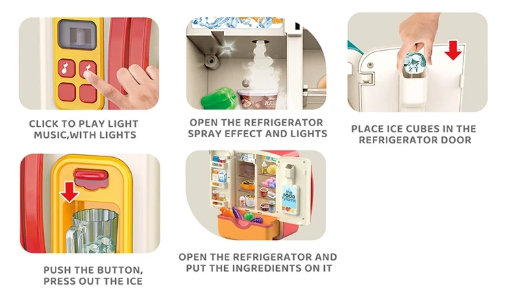 Plastic multiple function refrigerator spraying refrigerator with sound and light play house kitchen toy set