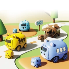 4pcs plastic animals shooting bus toy set 2024 friction power animal launching bus toys for children