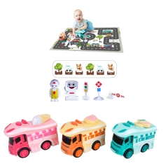 plastic mini cartoon touring truck toy set DIY transportation scene toy with touring car for children