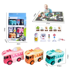 plastic mini cartoon touring truck toy set DIY transportation scene toy with touring car for children