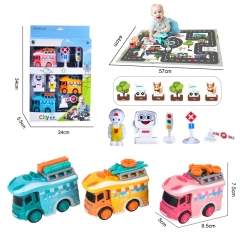 plastic mini cartoon touring truck toy set DIY transportation scene toy with touring car for children