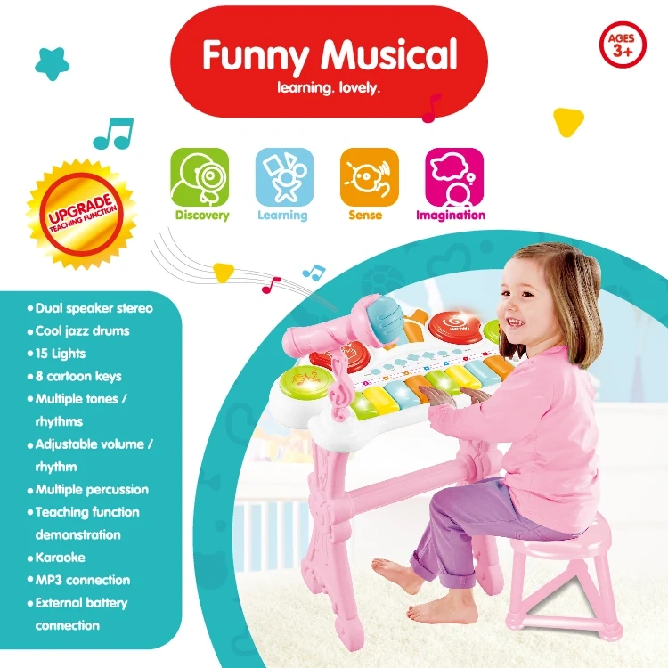 Hot sale piano electronic organ 8 key baby grand piano with mini microphone for girls musical toy