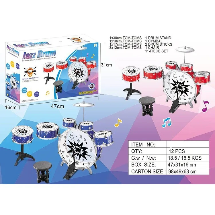 Educational kids jazz drum toy set with chair two color mix packing instruments toy electroplating jazz drum