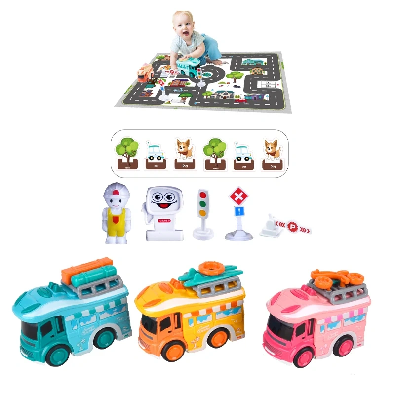 plastic mini cartoon touring truck toy set DIY transportation scene toy with touring car for children