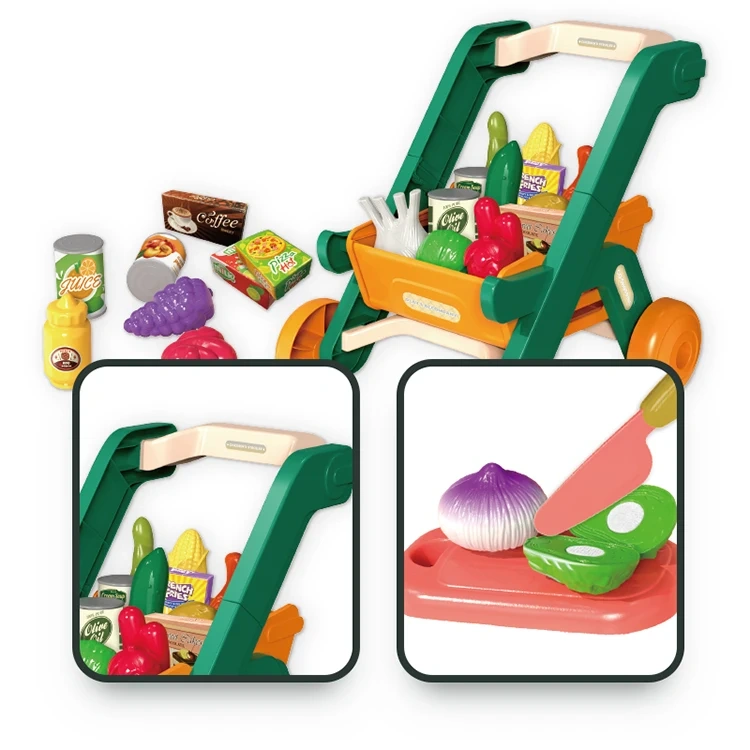 43pcs shopping cart trolley with different cutting fruits and vegetables toys educational shopping toys for children