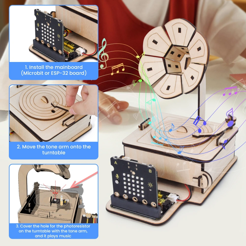Kidsbits Keyestudio STEM Programming DIY Mini Light Controlled Phonograph Kit For Arduino ESP32 Coding Microbit DIY Starter Pack