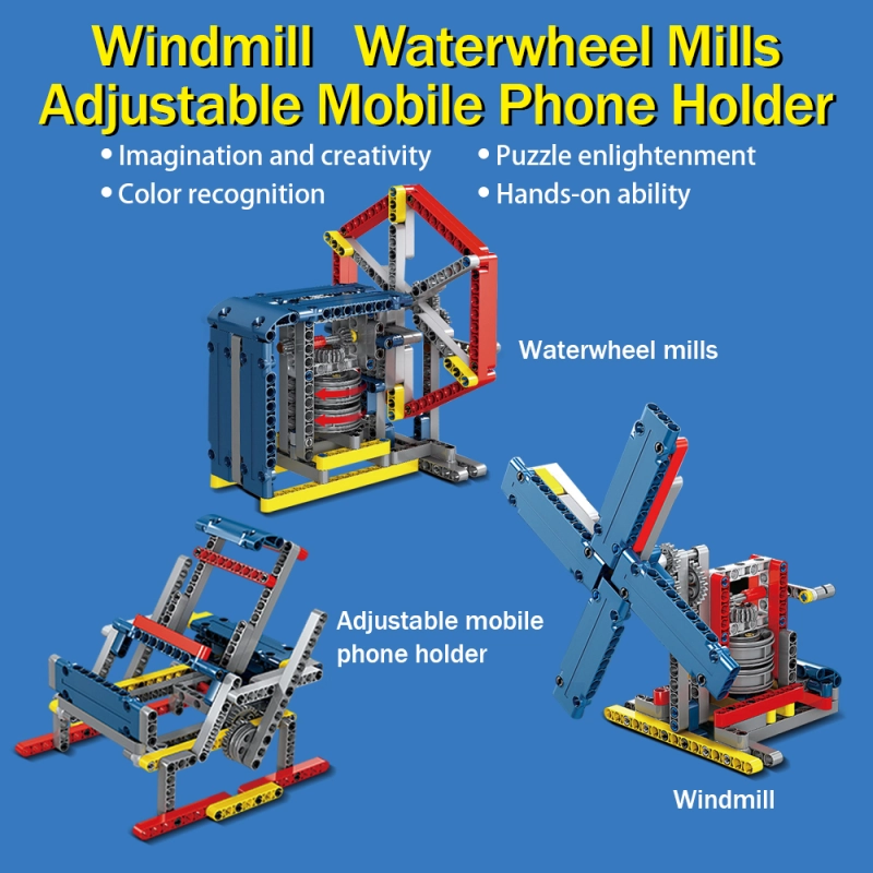 Kidsbits 3 in 1 STEM Building Blocks, Water Mill + Adjustable Phone Holder + Windmill Science Technology Assembled Lego Toys Kit