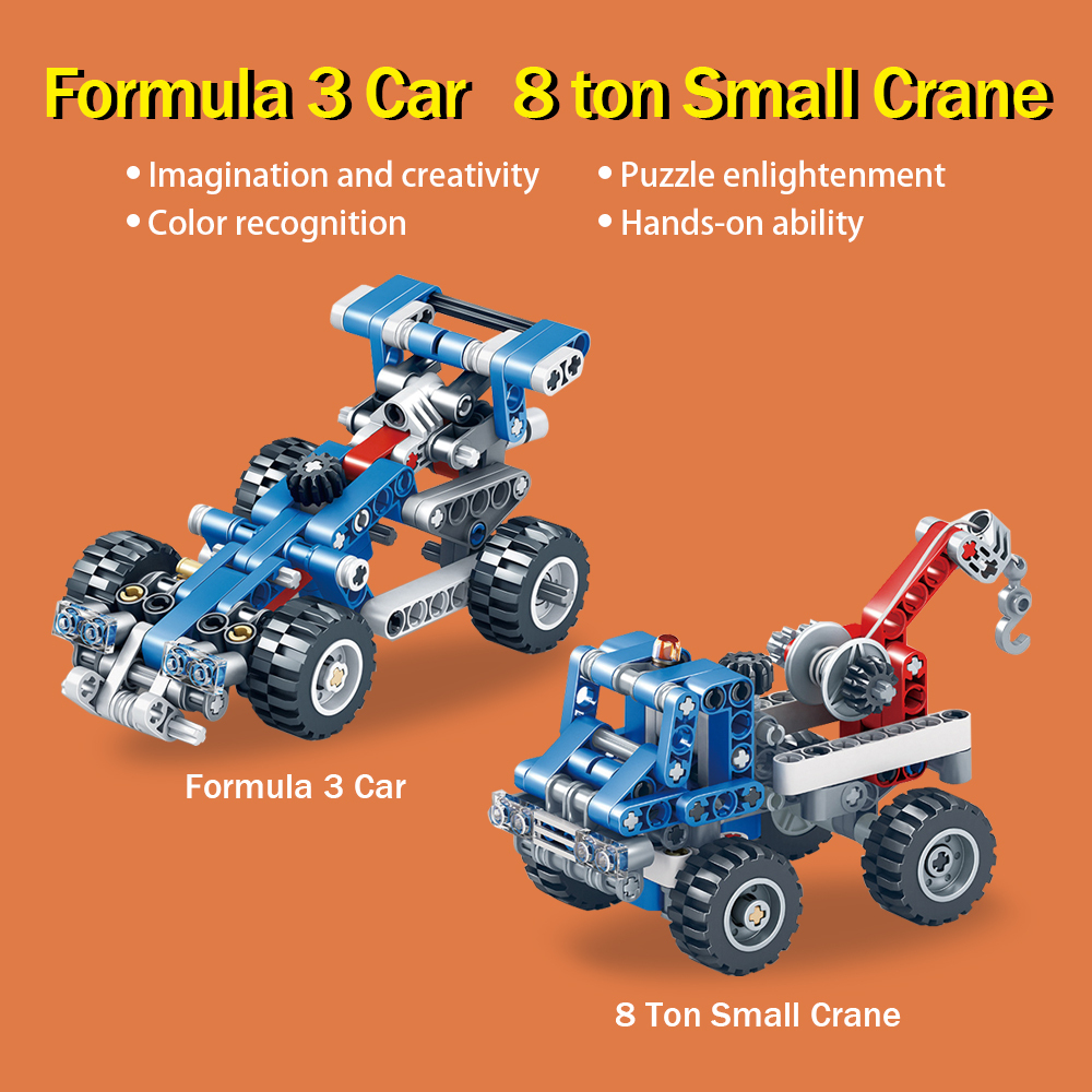 Kidsbits 2 in 1 Building Blocks, 8-Ton Small Crane, Tier 3 Racing Car Technology Assembled STEM Lego Education Toys