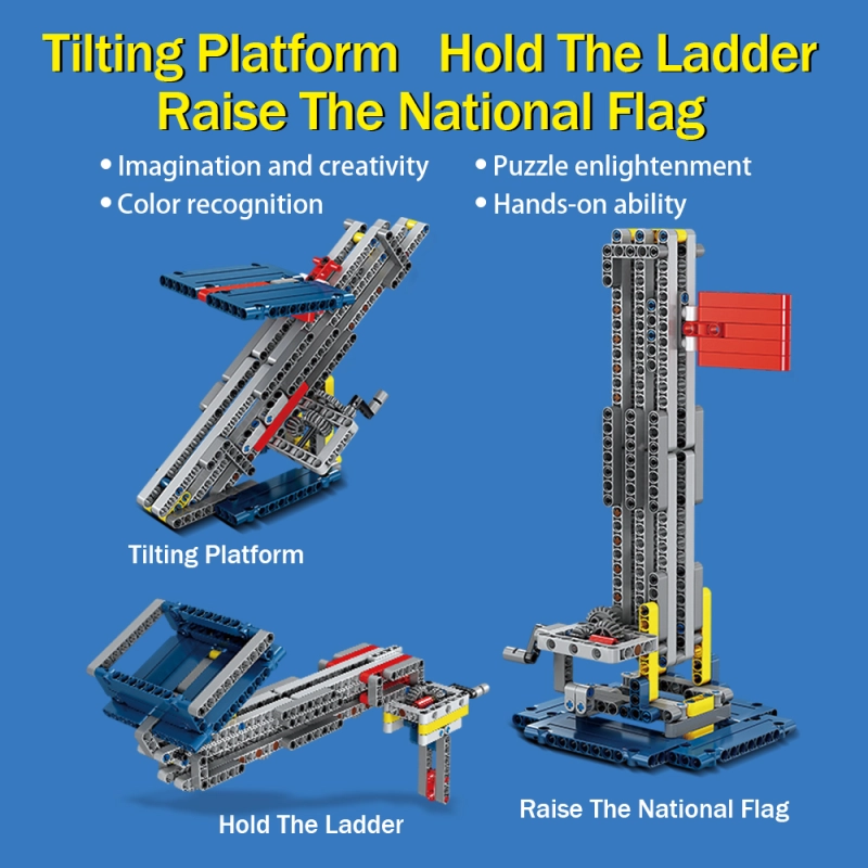 Kidsbits STEM Building Blocks, Hand-Raised National Flag + Tilt Lifting Platform + Handheld Ladder 3 in 1 Assembly Educational Lego Toys
