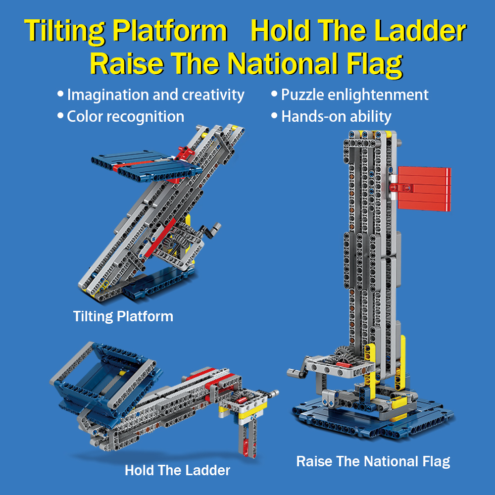 Kidsbits STEM Building Blocks, Hand-Raised National Flag + Tilt Lifting Platform + Handheld Ladder 3 in 1 Assembly Educational Lego Toys