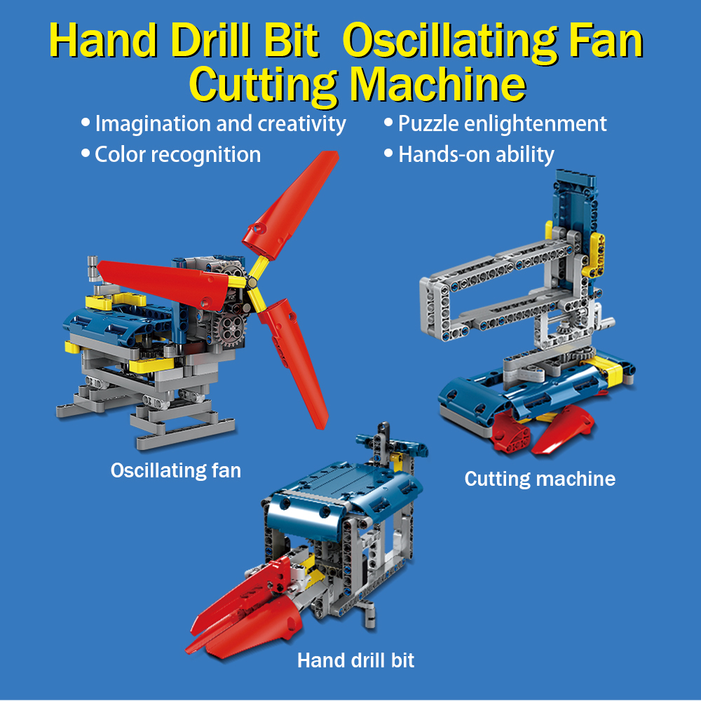 Kidsbits STEM Building Blocks, Oscillating Fan + Cutter + Hand-Crank Drill 3 in 1 Assembly Kids STEM Educational Lego Toys