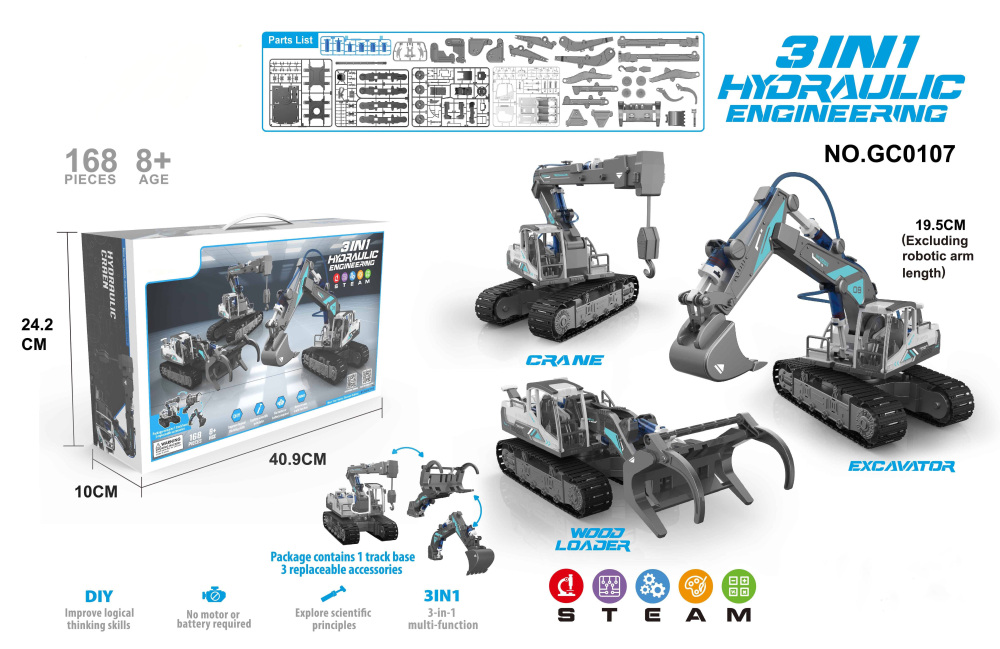 DIY Toys Construction Vehicle Assembly Three-in-one Hydraulic Toy Plastic Engineering Vehicle Cranes Wood Loaders Excavators Toy