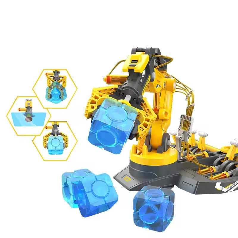 Kidsbits Yellow 3-in-1 STEAM Self Assembly Hydraulic Mechanical Arm Hydro Mechanical Hand Claw Machine Educational Toy DIY Robotic Arm For Kids