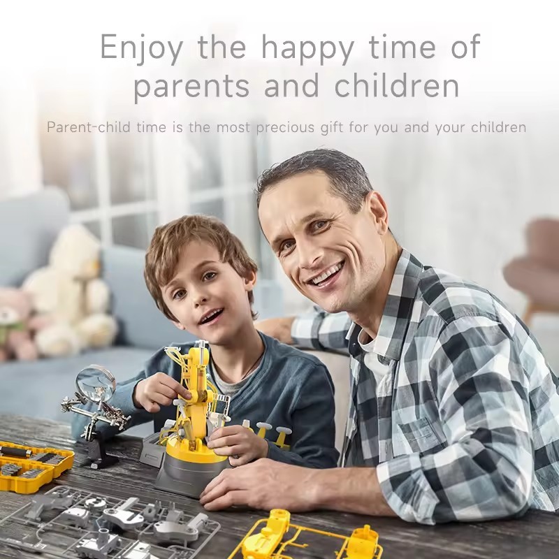 Kidsbits Yellow 3-in-1 STEAM Self Assembly Hydraulic Mechanical Arm Hydro Mechanical Hand Claw Machine Educational Toy DIY Robotic Arm For Kids