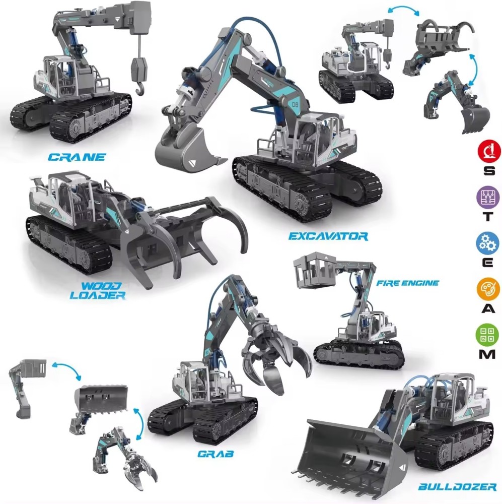 Kidsbits 6 In 1 Hydraulic Construction Machine 3D Toy DIY Assembly Engineering Vehicle Bulldozer Grab Machine Wood Loaders Excavators Cranes Science Educational Toys