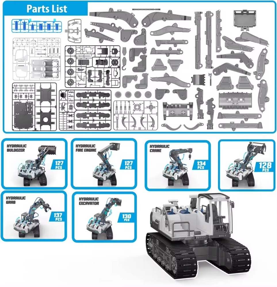 Kidsbits 6 In 1 Hydraulic Construction Machine 3D Toy DIY Assembly Engineering Vehicle Bulldozer Grab Machine Wood Loaders Excavators Cranes Science Educational Toys