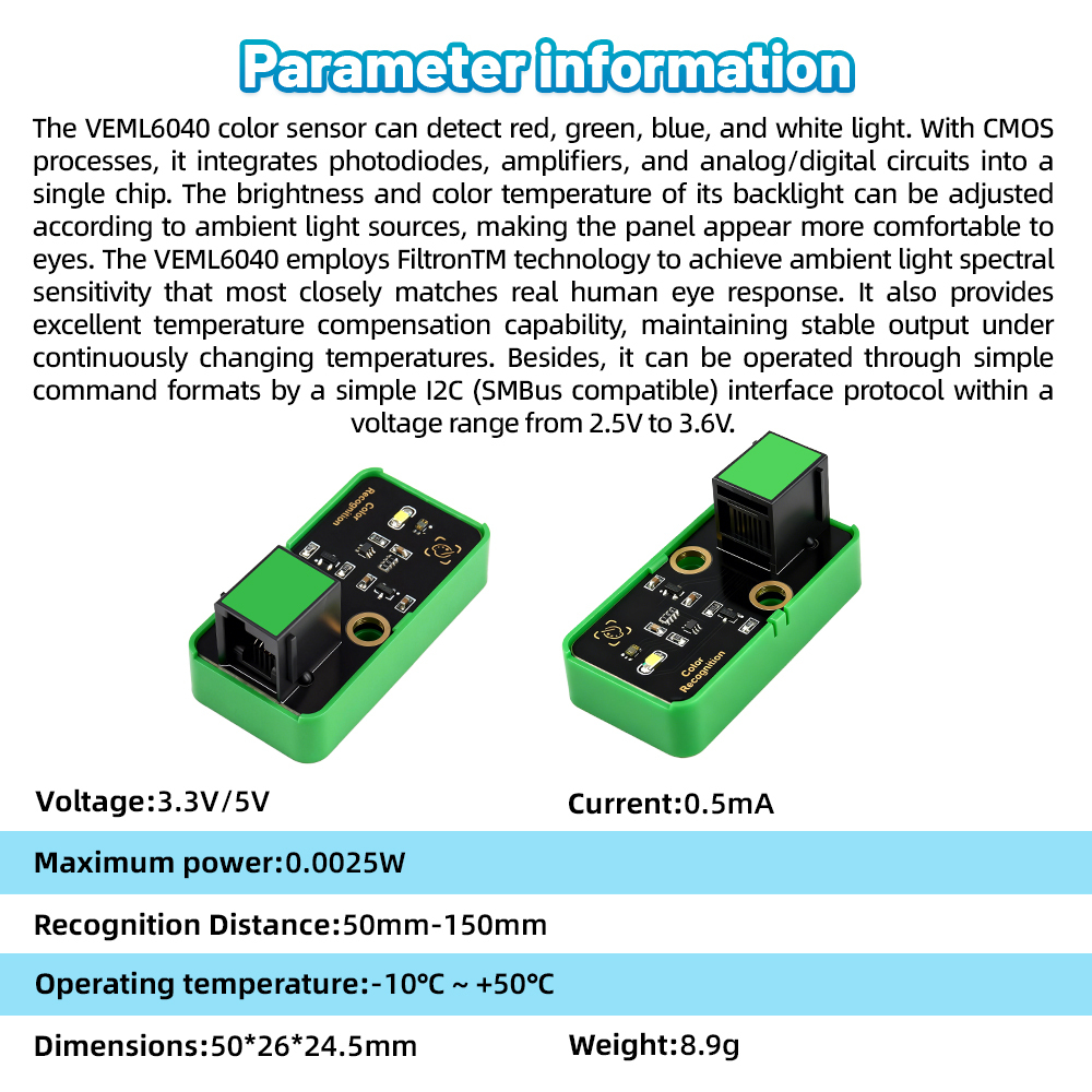 Kidsbits STEM Electronic Building Blocks VEML6040 RGBW Color Sensor Module 50-150mm Detection For Arduino DIY Projects