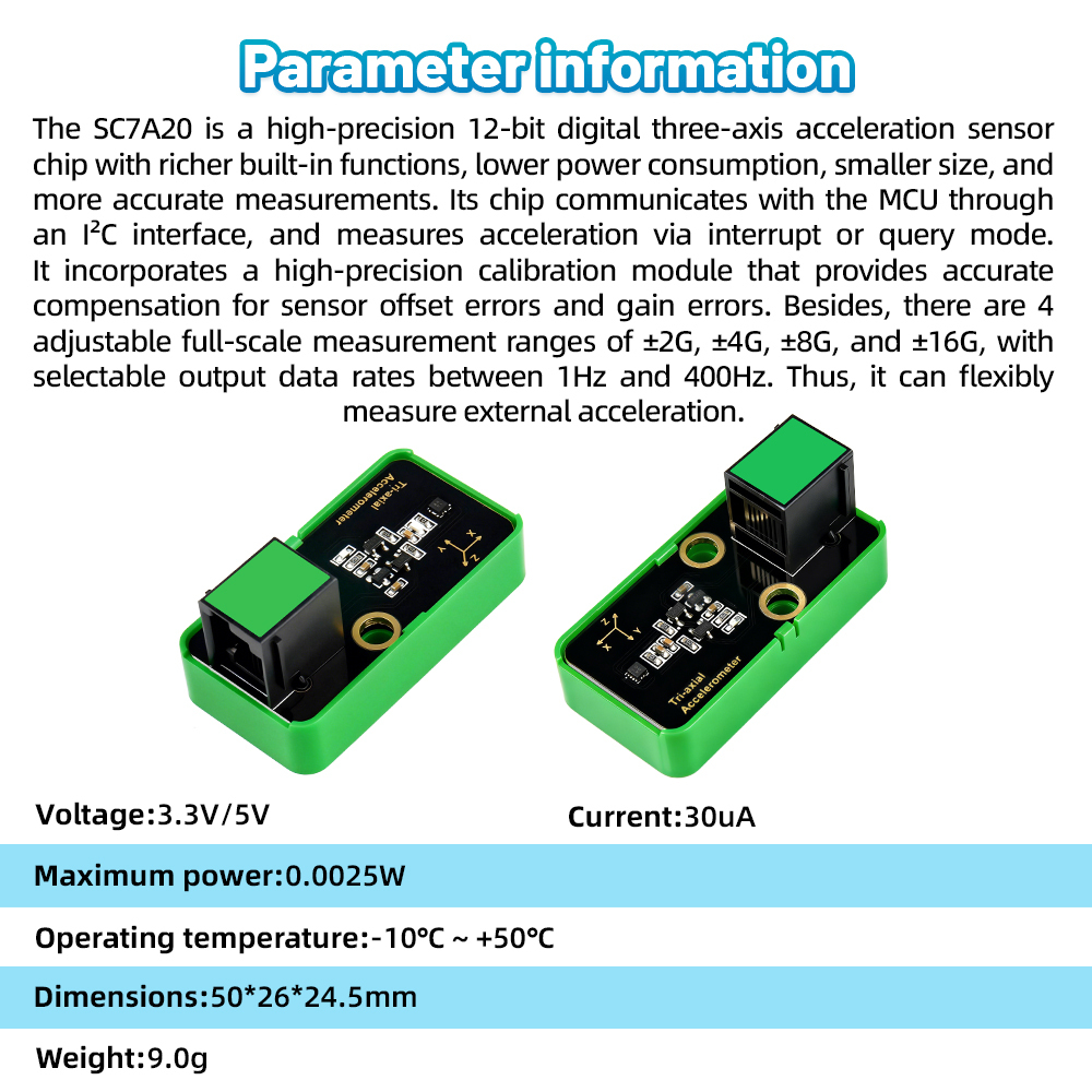 Kidsbits STEM Electronic Building Blocks SC7A20TR Three Axis Acceleration Sensor 12-bit High Precision I2C For Arduino DIY Projects