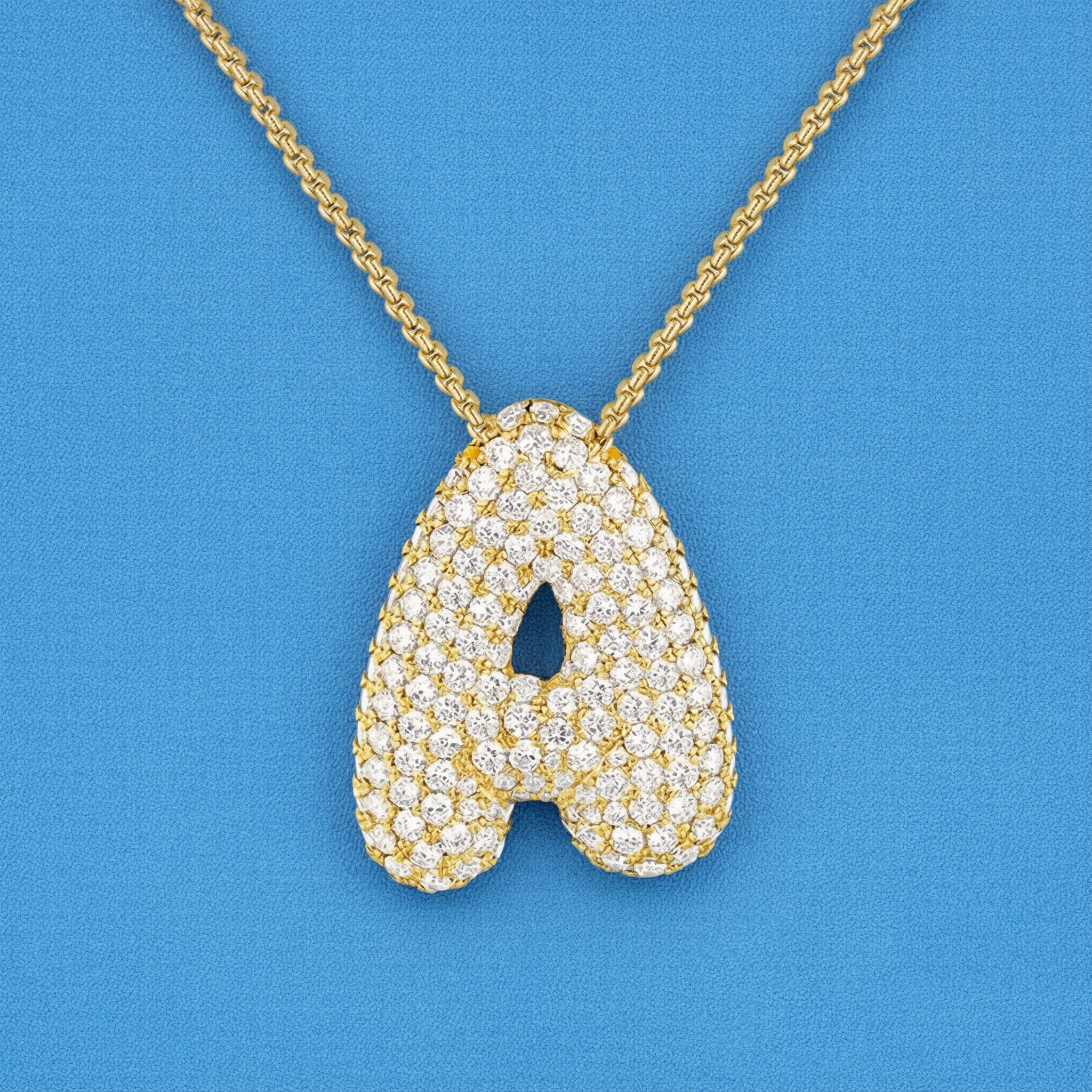 Brass/Copper Necklace, Plated Balloon Initial Pendant, Box Chain Necklace, Bubble Letter Necklace Pave CZ Jewelry