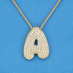 Brass/Copper Necklace, Plated Balloon Initial Pendant, Box Chain Necklace, Bubble Letter Necklace Pave CZ Jewelry