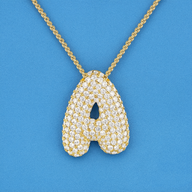 Brass/Copper Necklace, Plated Balloon Initial Pendant, Box Chain Necklace, Bubble Letter Necklace Pave CZ Jewelry